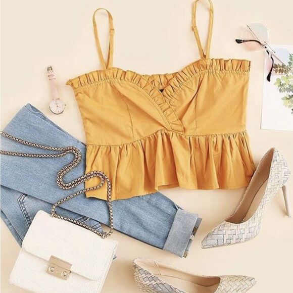 Mustard yellow 100% cotton ruffle bodice peplum crop top size large - Picture 4 of 9